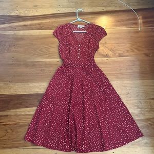 ModCloth polka dot mid length dress by Louche. Maroon. Women’s US4